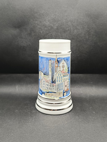 Набор винтажный - кружка немецкая пивная и шкатулка Lubero / R.Nock "Почетный дар муниципалитета Офтерсхайм" с изображением города, кружка 18 см (0.5 л), шкатулка - 13.5 см, фарфор, Германия, 1970-80гг.