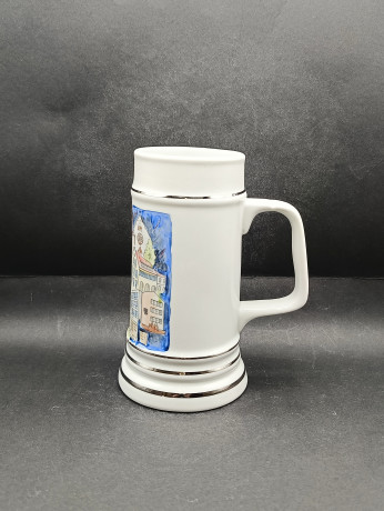 Набор винтажный - кружка немецкая пивная и шкатулка Lubero / R.Nock "Почетный дар муниципалитета Офтерсхайм" с изображением города, кружка 18 см (0.5 л), шкатулка - 13.5 см, фарфор, Германия, 1970-80гг.