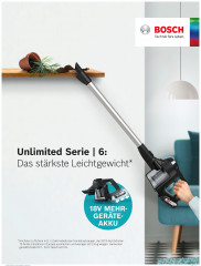 BOSCH BOSCH Akku-Stielstaubsauger Unlimited Serie 6, schwarz, BKS6111P, beutellos, 18V Power for ALL Akku, inkl. Mobelpinsel  Беспроводной пылесос BOSCH Unlimited Series 6, черный, BKS6111P, без мешка, аккумулятор 18 В Power for ALL, включая мебельную щет