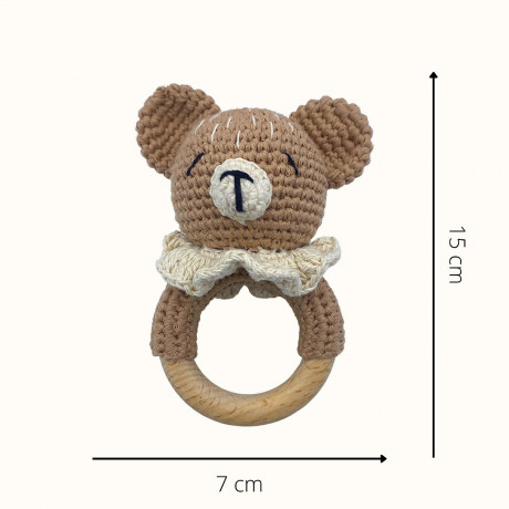 Angels Baby Gehakelte Babyrassel aus Baumwolle mit Beissring aus Holz in niedlichem Tiermotiv Вязаная крючком детская погремушка из хлопка с деревянным колечком для прорезывания зубов в милом зверином мотиве.