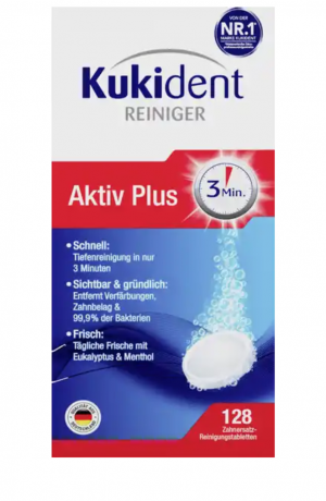 Kukident AktivPlus Tiefenreiniger Gebissreiniger-Tabletten 128 Stk. Чистящее средство для зубного протеза таблетки AktivPlus, 128 шт