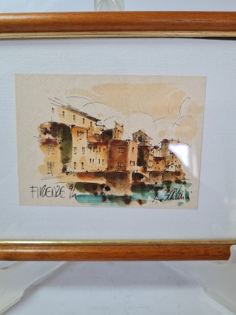 Картина винтажная "Флоренция, вид на мост" / худ. А.Сукуллиа, в раме, 19,5 х 15 см, Италия, 1994 год.