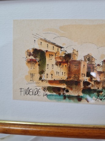 Картина винтажная "Флоренция, вид на мост" / худ. А.Сукуллиа, в раме, 19,5 х 15 см, Италия, 1994 год.