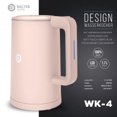Balter Balter Wasserkocher WK-4-PK, Edelstahl, 1,7 Liter, Doppelwand Design, BPA frei, LED, pink  Чайник Balter WK-4-PK, нержавеющая сталь, 1,7 литра, конструкция с двойными стенками, без BPA, светодиод, розовый
