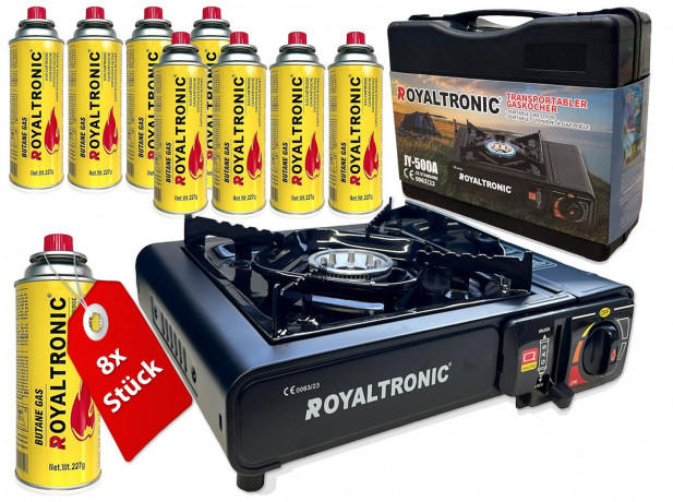 ROYALTRONIC ROYALTRONIC Gaskocher Campingkocher inkl. Kartuschen und Koffer, (Campingkocher Set mit Kartuschen, Campingkocher Set)  Походная газовая плита ROYALTRONIC, включая катриджи и футляр (набор походной печи с картриджами, набор походной печи)