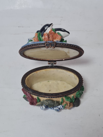 Шкатулка винтажная, с дельфинами и морским узором, фарфор, 7 x 8 см, Германия, 1960-70гг.