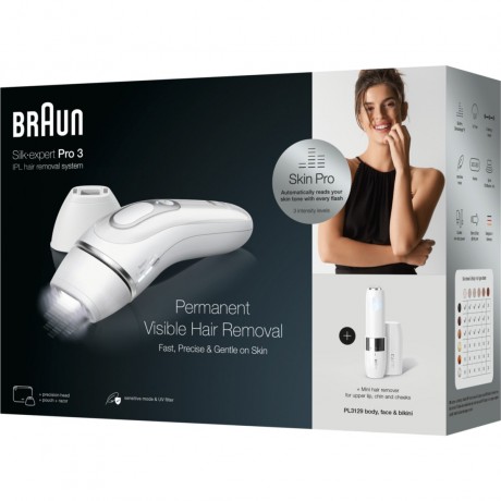 Braun IPL System quot;Silk-expert Pro PL3129 + Mini-Gesichtsrasiererquot; in Weiss & Silber  Система IPL "Silk-expert Pro PL3129 + Mini Face Shaver" в белом и серебристом