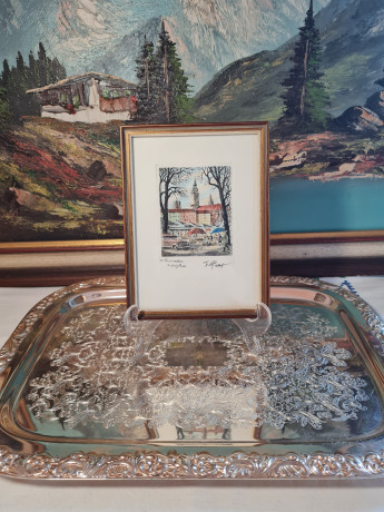 Картина в деревянной раме винтажная "Галерея Отто", 19 x 14,5 x 1,5 см, Германия, 1970-80гг.