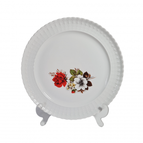 Тарелка винтажная ALT Tirschenreuth 1838, белый фарфор с бело-красным цветочным орнаментом и фактурным краем, 25,5 x 2,5 см, Германия, 1960-70гг.