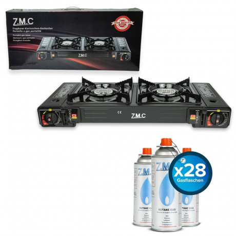 ZMC ZMC Gaskocher Doppel Kartuschenkocher Gaskocher 2 Flammig + 28x Gaskartuschen 227g, (mit automatische Piezo-Zundung Warmeleistung: 2,3KW), Outdoor Gas Campingkocher 2Fach Gasherd Ofen Butan Kochfeld Gas Kocher Газовая плита ZMC с двойным картриджем,