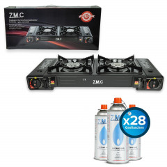 ZMC ZMC Gaskocher Doppel Kartuschenkocher Gaskocher 2 Flammig + 28x Gaskartuschen 227g, (mit automatische Piezo-Zundung Warmeleistung: 2,3KW), Outdoor Gas Campingkocher 2Fach Gasherd Ofen Butan Kochfeld Gas Kocher  Газовая плита ZMC с двойным картриджем, 