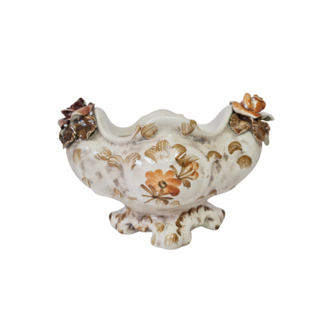 Ваза декоративная винтажная с оранжево-красным цветочным декором, ручная роспись, 17,5 x 11,5 x 10,5 см, Германия, 1960-70гг.