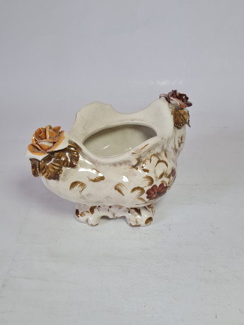 Ваза декоративная винтажная с оранжево-красным цветочным декором, ручная роспись, 17,5 x 11,5 x 10,5 см, Германия, 1960-70гг.