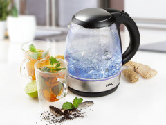 Domo Wasserkocher, 1.2 l, 2200 W, Glas LED Beleuchtung 360° Edelstahlsockel, leise elektrisch ohne Kabel  Чайник Domo, 1,2 л, 2200 Вт, стеклянное светодиодное освещение, основание из нержавеющей стали на 360°, бесшумный электрический без кабеля