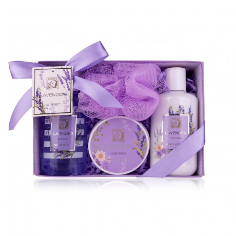 Accentra Shower Set Women Gift Set Lavender in Beautiful Gift Box Подарочный набор "Лаванда"  из 4 предметов с гелем для душа, лосьоном для тела, маслом для тела и сетчатой ​​губкой