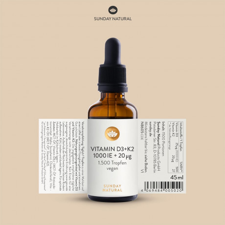 Sunday Natural Vitamin D3 + K2 MK7 капли 1000 МЕ + 20 мкг, витамин D3 и K2 для иммунитета, костей и зубов, веганский, 1500 капель