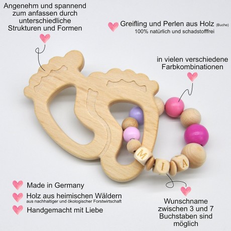 glucksWunder Holz Greifling Beissring Babyfusschen Buche personalisiert mit Name in Geschenkverpackung Деревянное кольцо для прорезывания зубов детские ножки бук персонализированное с именем в подарочной коробке
