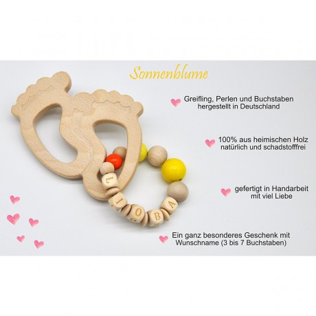 glucksWunder Holz Greifling Beissring Babyfusschen Buche personalisiert mit Name in Geschenkverpackung Деревянное кольцо для прорезывания зубов детские ножки бук персонализированное с именем в подарочной коробке