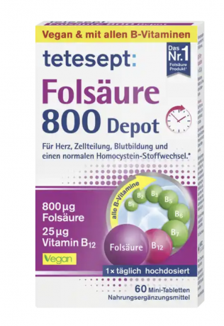 tetesept Folsaure 800 Depot 60 Mini-Tabletten, Фолиевая кислота 800, 60 штук
