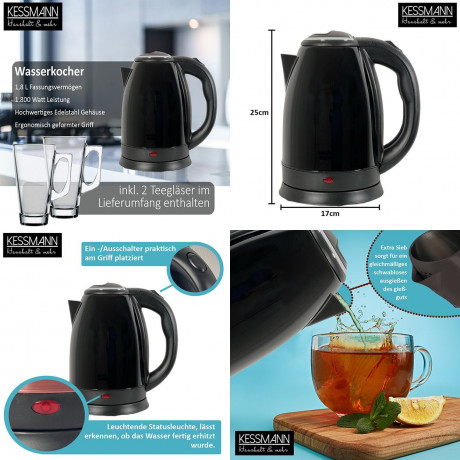 KESSMANN LENTZ KESSMANN LENTZ Wasserkocher Edelstahl 1,8 L mit Abschaltautomatik elektrischer Kettle 2 Teeglaser, 1.8 l, 1800,00 W, Wasseraufbereiter Schnelles aufheizen Wasser heizen kochen Aufwarmen  Чайник KESSMANN LENTZ нержавеющая сталь 1,8 л с автом