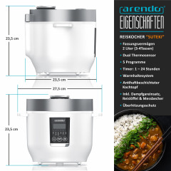 Arendo Arendo Reiskocher, 350 W, Digitaler Dampfgarer, Kochprogramme, Timer, Warmhaltefunktion, Display  Рисоварка Arendo, 350 Вт, цифровая пароварка, программы приготовления, таймер, функция поддержания тепла, дисплей