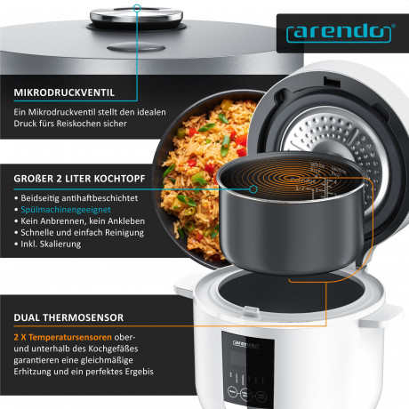 Arendo Arendo Reiskocher, 350 W, Digitaler Dampfgarer, Kochprogramme, Timer, Warmhaltefunktion, Display  Рисоварка Arendo, 350 Вт, цифровая пароварка, программы приготовления, таймер, функция поддержания тепла, дисплей