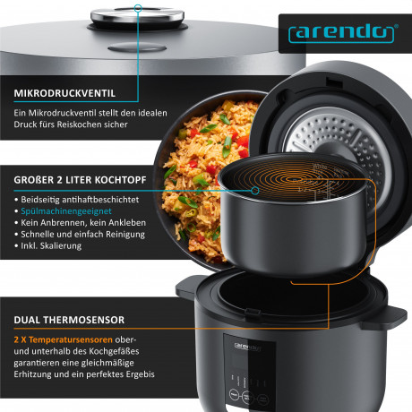 Arendo Arendo Reiskocher, 350 W, Digitaler Dampfgarer, Kochprogramme, Timer, Warmhaltefunktion, Display Рисоварка Arendo, 350 Вт, цифровая пароварка, программы приготовления, таймер, функция поддержания тепла, дисплей