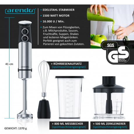 Arendo Arendo Stabmixer, 1500 W, Purierstab Edelstahl Set, stufenlose Geschwindigkeit + Turbotaste  Ручной блендер Arendo, 1500 Вт, набор очищающих стержней из нержавеющей стали, постоянная скорость + кнопка турбо.