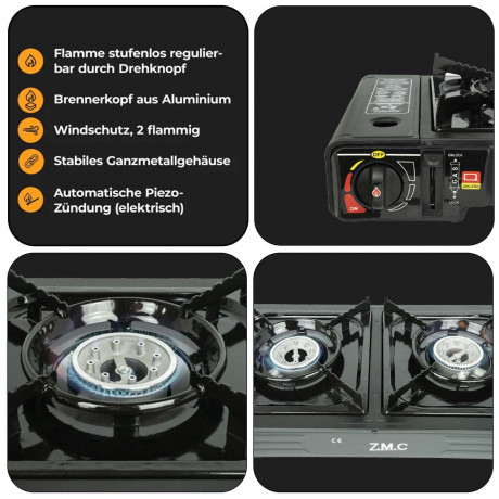 ZMC ZMC Gaskocher Doppel Kartuschenkocher Gaskocher 2 Flammig + 20x Gaskartuschen 227g, (mit automatische Piezo-Zundung Warmeleistung: 2,3KW), Outdoor Gas Campingkocher 2Fach Gasherd Ofen Butan Kochfeld Gas Kocher Газовая плита ZMC с двойным картриджем,