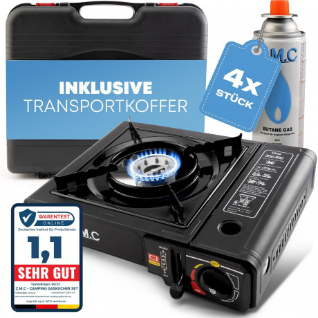 ZMC ZMC Gaskocher Gaskocher 1-flammig + Aufbewahrungskoffer + 4x Gaskartuschen 227g, (Butangas Campingkocher fur Innenraum/Outdoor, Campinggaskocher 2,2 kW mit Piezozundung), Kochfeld Herd Gaskocher mit Kartusche, Gaskochfeld fur Camping Газовая плита ZM