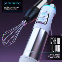 Arendo Arendo Stabmixer, 1200 W, Set, Edelstahl, Purierstab, stufenlos, inkl. 800 ml Messbecher silber/schwarz Ручной блендер Arendo, 1200 Вт, набор, нержавеющая сталь, стержень для пюре, бесступенчатый, включая мерный стакан 800 мл