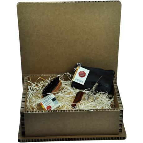 Golddachs Men#x27;s Set 2 = Bartschere, Bartburste, Bartkamm im Lederetui + Ungarische Bartwichse Glastiegel  Мужской набор 2 = ножницы для бороды, щетка для бороды, расческа для бороды в кожаном футляре + стеклянная баночка с венгерским воском для бороды