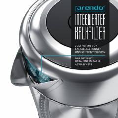 Arendo Arendo Wasserkocher, 1,7 l, 2200 W, Edelstahl mit Glaskorper, Temperaturwahl 40°C 100°C, Aufkochfunktion Чайник Arendo, 1,7 л, 2200 Вт, нержавеющая сталь, стеклянный корпус, выбор температуры 40°С 100°С, функция кипячения.