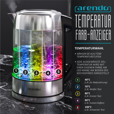 Arendo Arendo Wasserkocher, 1,7 l, 2200 W, Edelstahl mit Glaskorper, Temperaturwahl 40°C 100°C, Aufkochfunktion  Чайник Arendo, 1,7 л, 2200 Вт, нержавеющая сталь, стеклянный корпус, выбор температуры 40°С 100°С, функция кипячения.