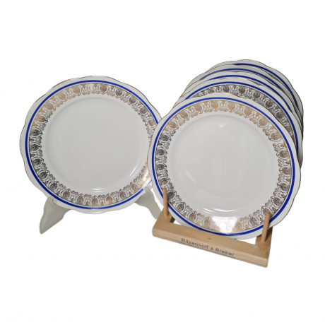 Тарелка сервировочная винтажная Wawel Poland, сине-золотой орнамент, фарфор, 21 см, 6 шт., Польша, 1970-80гг.