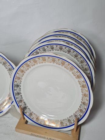 Тарелка сервировочная винтажная Wawel Poland, сине-золотой орнамент, фарфор, 21 см, 6 шт., Польша, 1970-80гг.