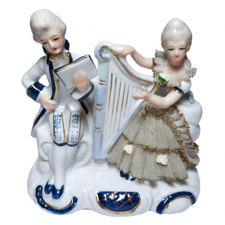 German porcelain, Немецкая винтажная фарфоровая статуэтка рококо "Музыканты с арфой" 12см, 1960-70гг.