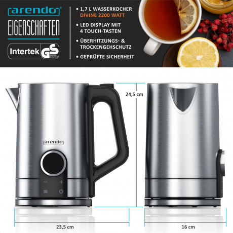 Arendo Arendo Wasserkocher, 1,7 l, 2200 W, Edelstahl, Temperatureinstellung 40 100°, Display, Warmhaltefunktion Чайник Arendo, 1,7 л, 2200 Вт, нержавеющая сталь, регулировка температуры 40 100°, дисплей, функция поддержания тепла