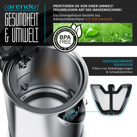 Arendo Arendo Wasserkocher, 1,7 l, 2200 W, Edelstahl, Temperatureinstellung 40 100°, Display, Warmhaltefunktion Чайник Arendo, 1,7 л, 2200 Вт, нержавеющая сталь, регулировка температуры 40 100°, дисплей, функция поддержания тепла