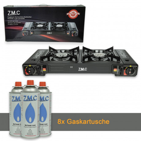 ZMC ZMC Gaskocher Doppel Kartuschenkocher Gaskocher 2 Flammig + 8x Gaskartuschen 227g, (mit automatische Piezo-Zundung Warmeleistung: 2,3KW), Outdoor Gas Campingkocher 2Fach Gasherd Ofen Butan Kochfeld Gas Kocher  Газовая плита ZMC с двумя картриджами, га