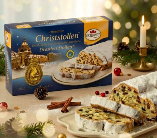 Dr. Quendt Dresdner Christstollen Штоллен 1 кг Немецкий рождественский кекс с изюмом и орехами, традиционная праздничная выпечка