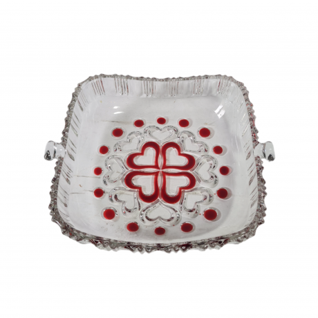 Фруктовница винтажная Walther Glas, квадратная, с красным декором, стекло, 19 х 16.5 см, Германия, 1970-80гг.