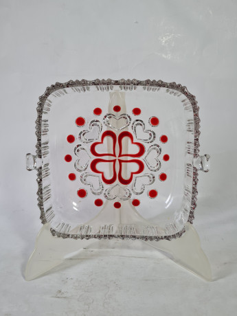 Фруктовница винтажная Walther Glas, квадратная, с красным декором, стекло, 19 х 16.5 см, Германия, 1970-80гг.