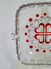 Фруктовница винтажная Walther Glas, квадратная, с красным декором, стекло, 19 х 16.5 см, Германия, 1970-80гг.