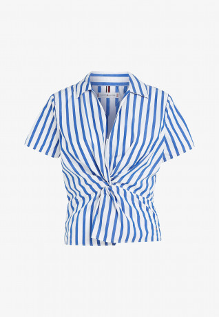 Tommy Hilfiger STRIPE TWIST DETAIL SHORT SLEEVE Blouse banker stp ultra blue КОРОТКИЙ РУКАВ С ПОЛОСОЙ TWIST DETAIL Блузка банкир стп ультра синий