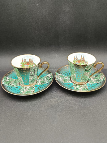 Кофейные пары винтажные Bayreuth "Шпайерский собор", в бирюзово-золотых тонах, фарфор, 2 шт., Германия, 1960-70гг.