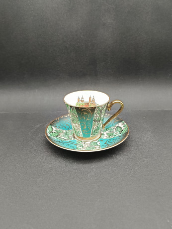 Кофейные пары винтажные Bayreuth "Шпайерский собор", в бирюзово-золотых тонах, фарфор, 2 шт., Германия, 1960-70гг.