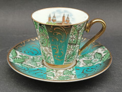 Кофейные пары винтажные Bayreuth "Шпайерский собор", в бирюзово-золотых тонах, фарфор, 2 шт., Германия, 1960-70гг.