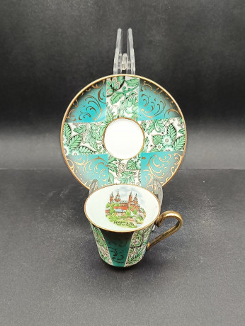 Кофейные пары винтажные Bayreuth "Шпайерский собор", в бирюзово-золотых тонах, фарфор, 2 шт., Германия, 1960-70гг.