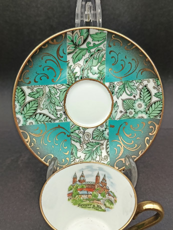 Кофейные пары винтажные Bayreuth "Шпайерский собор", в бирюзово-золотых тонах, фарфор, 2 шт., Германия, 1960-70гг.